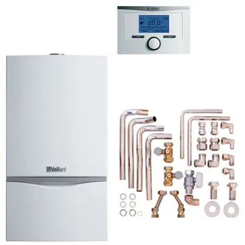 Vaillant Heizkessel in weiß mit Zubehörteilen und fernbedienbarem Display. Zubehör umfasst Rohre, Fittings und Verbindungsstücke für Installation.